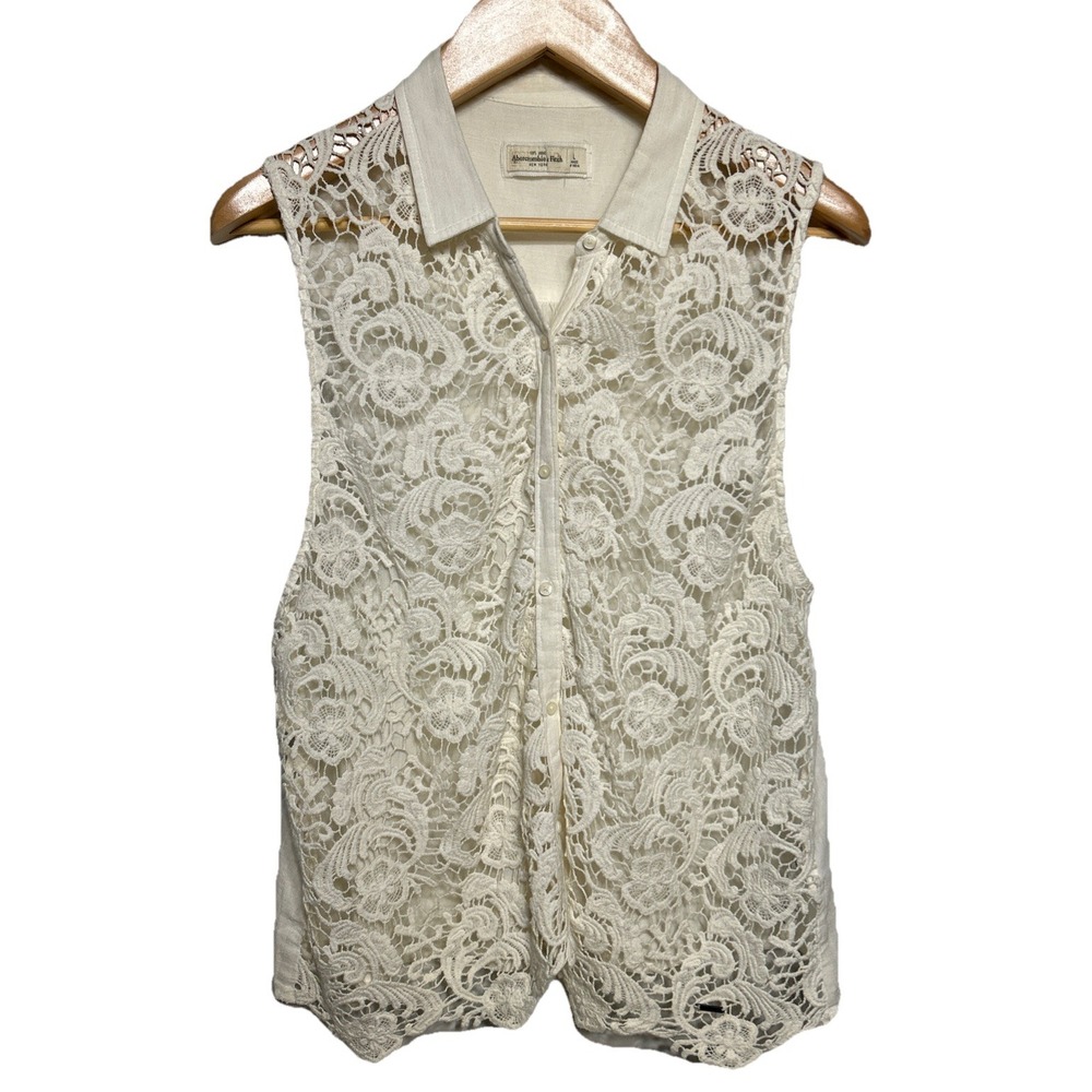Abercrombie & Fitch Collared Sleeveless Crochet Lace Top Ivory Women's L Vtg